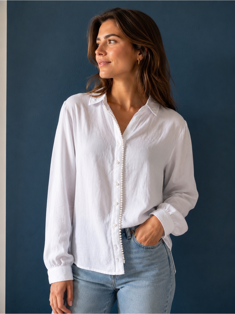 Classic White Blouse with Pearl Button accent